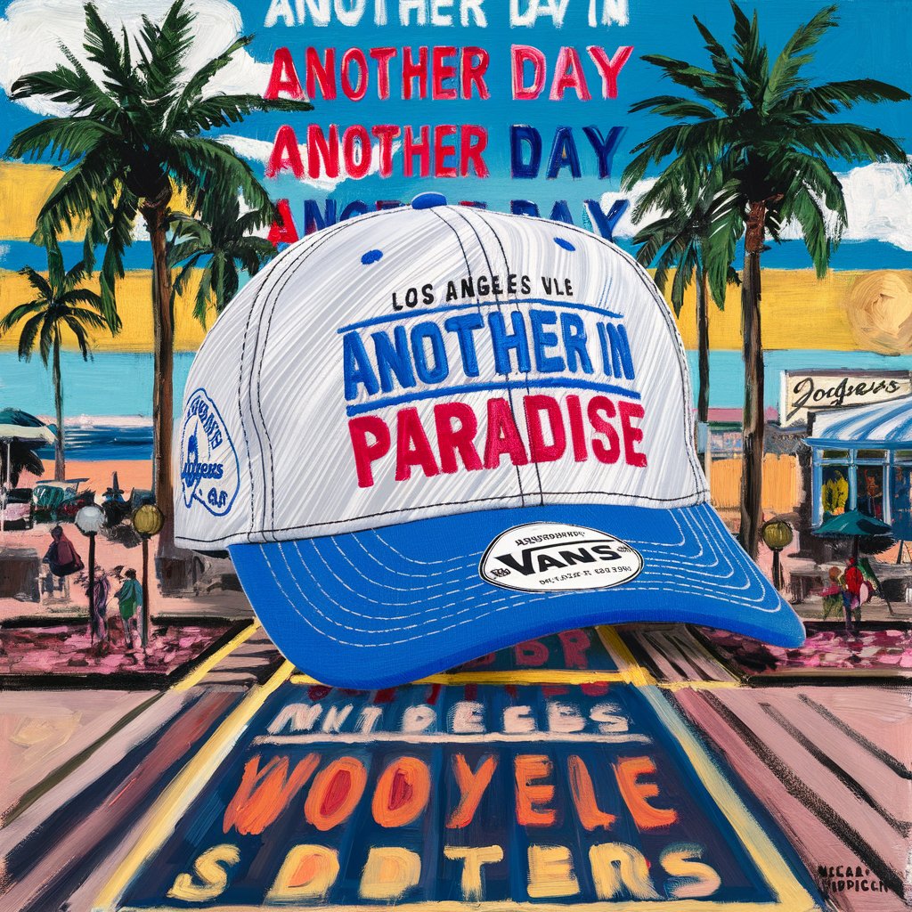 A painted Los Angeles beach scene with a large blue-and-white cap reading ANOTHER DAY IN PARADISE.