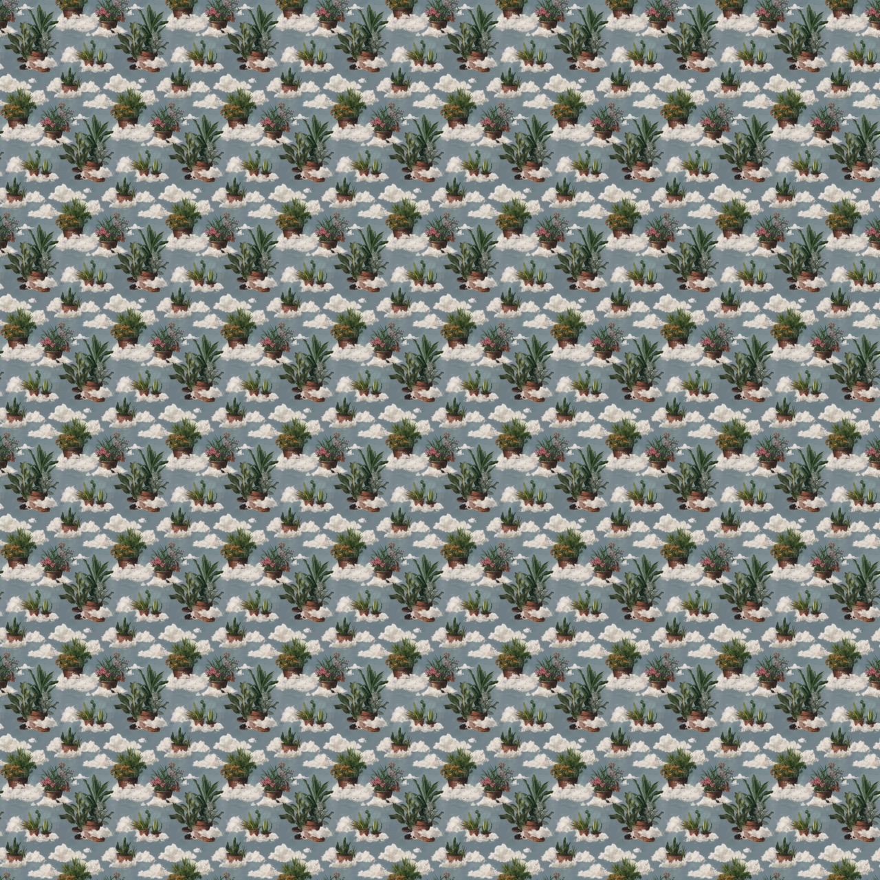 A repeating wallpaper pattern of houseplants floating among small white clouds on a blue-gray sky.