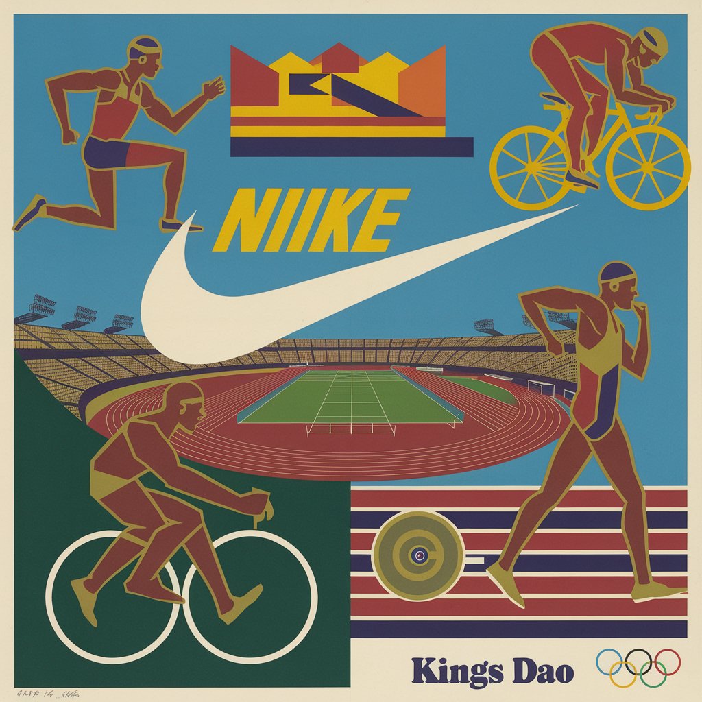 A retro athletics poster combining runners, cyclists, a stadium, a giant swoosh, and the words Kings Dao.