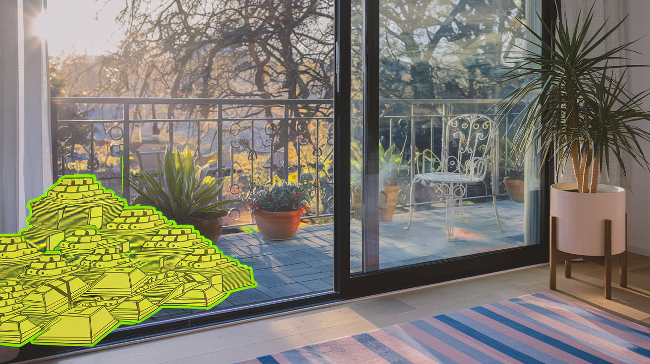 A sunlit living room and balcony with a fluorescent illustrated pile of gold bars at the glass door.