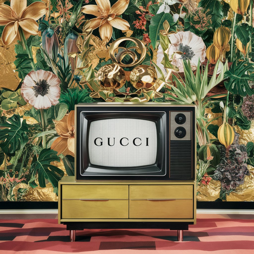 A vintage television on a gold cabinet, framed by dense green foliage and metallic flowers, with GUCCI on the screen.