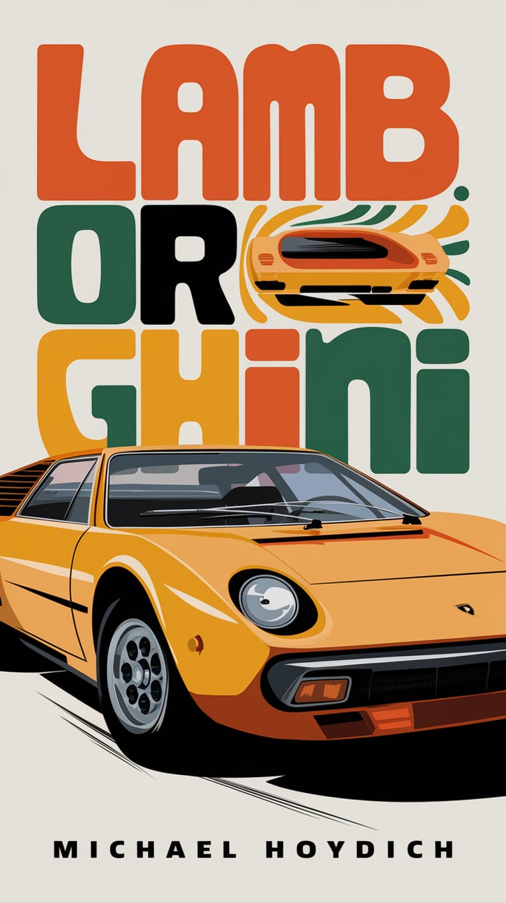 A retro cream poster with orange sports cars and playful block lettering spelling LAMB OR GHIINI.