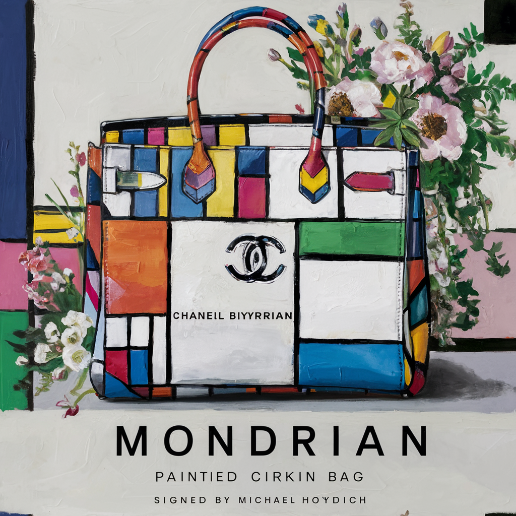 A painted structured handbag covered in Mondrian-like color blocks and surrounded by flowers on a white poster.