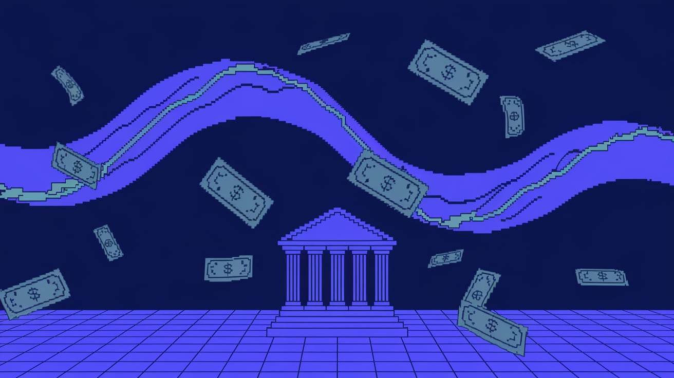 Pixel-art bank architecture beneath purple waves with blue banknotes falling across a navy sky.