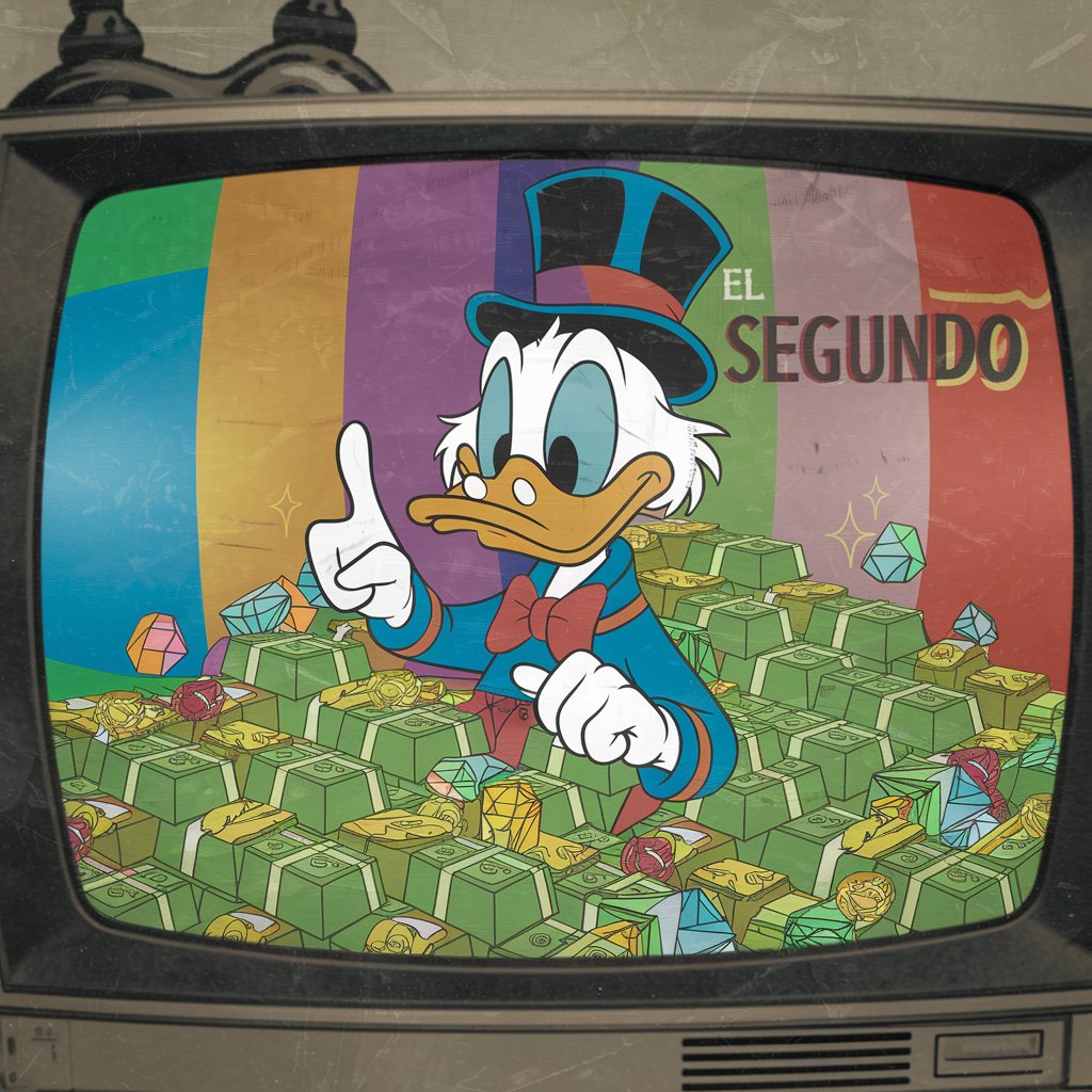 A vintage television shows a top-hatted cartoon duck surrounded by cash bundles, gemstones, and El Segundo lettering.