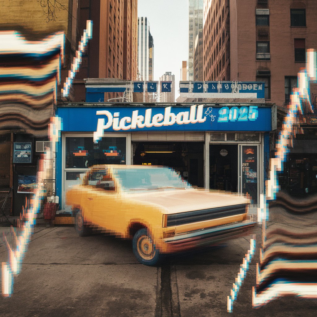 A yellow pickup blurs past a city storefront marked Pickleball, surrounded by wavy digital distortion.