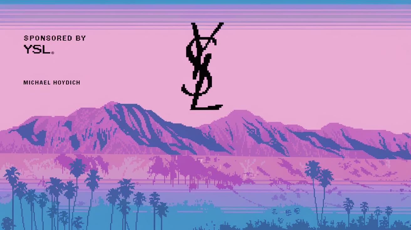 A pixel-art desert and mountain panorama in pink, lavender, and blue with palms and a dark monogram above it.
