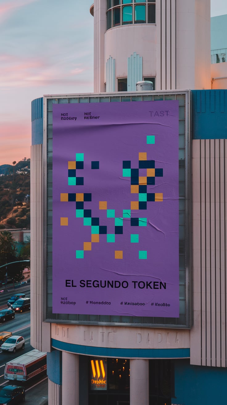 A purple EL SEGUNDO TOKEN billboard mounted on a pale Art Deco building at sunset.